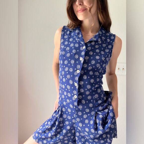 Vintage LIZSPORT Blue 90s Swirl Sun Print Romper - Picture 2 of 13